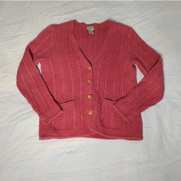 Vintage LL Bean Pink Cable Knit Cotton Cardigan M - Picture 2 of 8